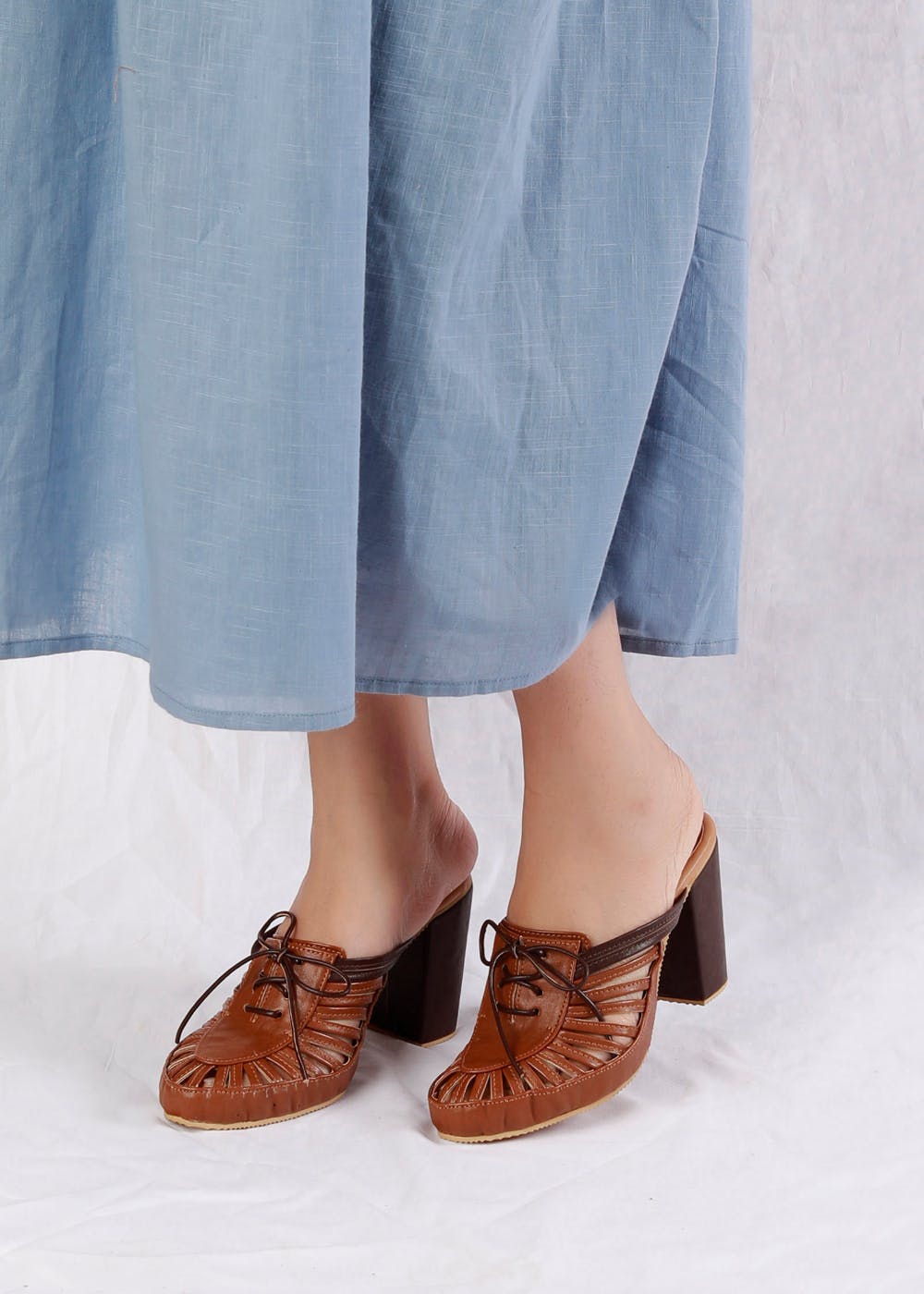 tan block heel mules