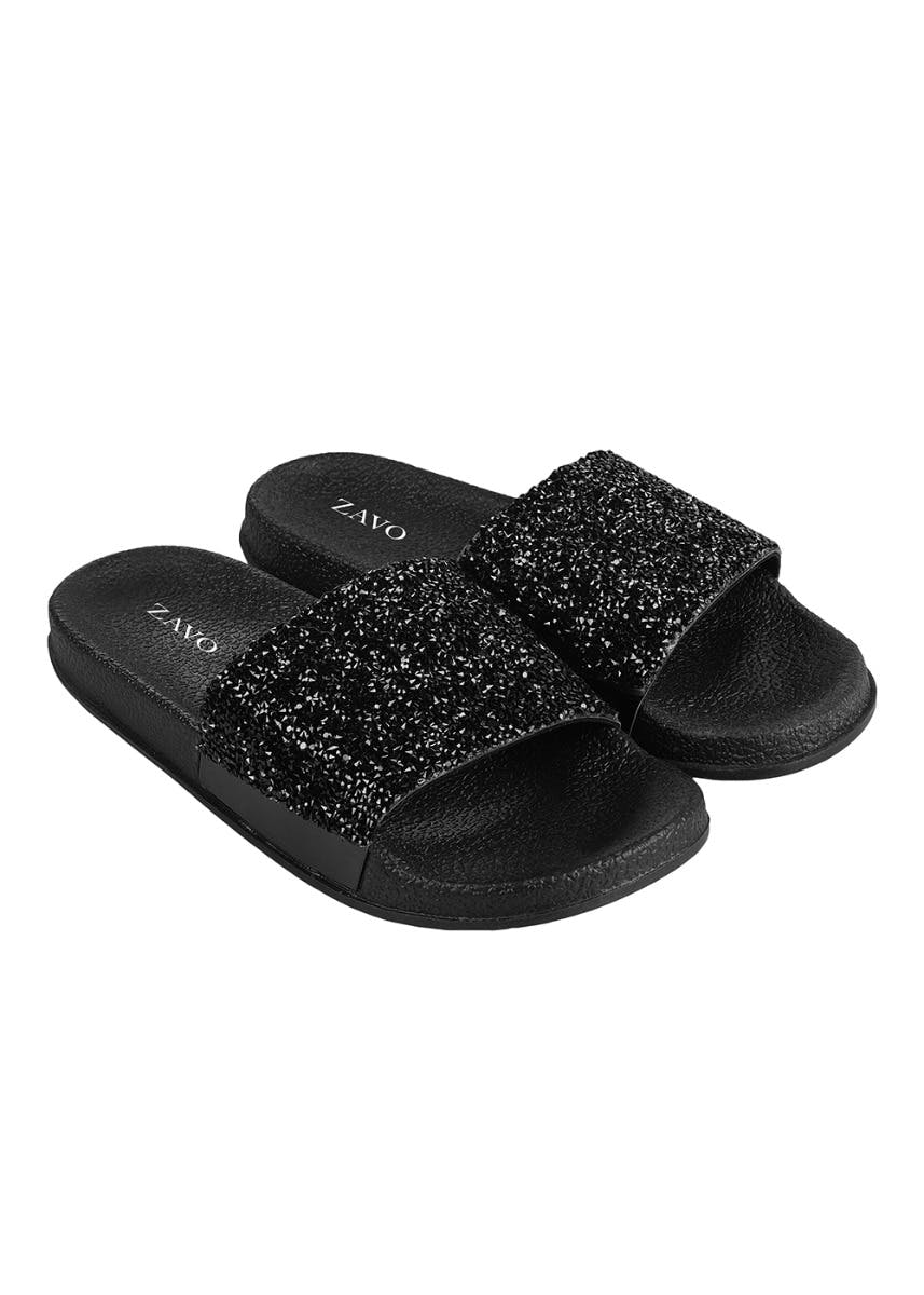 black sequin flip flops