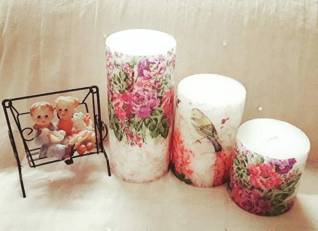 Upcycled Decoupage Handcrafted Candle Holders - Bee and Hive Set